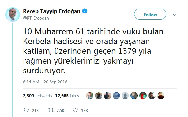 توییت اردوغان در باره عاشورا